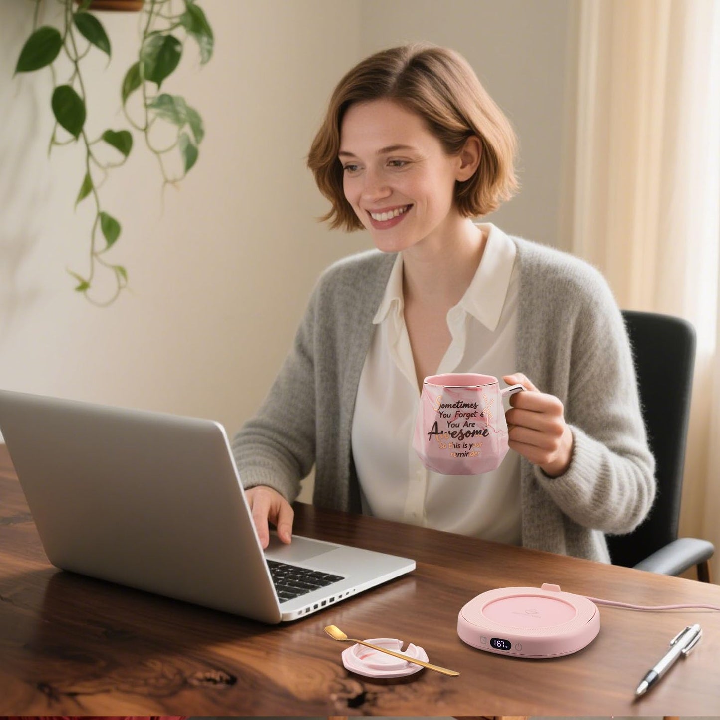 Coffee Mug Warmer & You are Awesome Mug Set, Smart Heated Electric Cup Warmer for Desk Office, 4 Temperature Control Beverage Tea Coffee Warmer, 8 Hrs Auto Shut Off Candle Plate, Ideal Gifts for Women