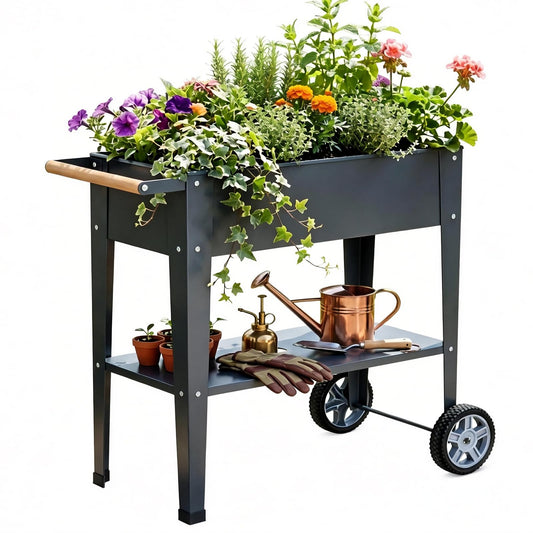 Growvy Raised Garden Bed Outdoor with Wheels, Leg and Wooden Handle, 29.5x13.4x32.3in, 350lb Cap, Metal Elevated Raised Planter Box for Herb, Vegetable, Perfect for Backyard, Balcony, Light Black