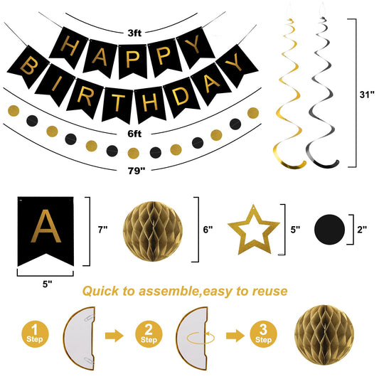 meowtastic Birthday Decorations, Happy Birthday Banner with Honeycomb Balls, Star Hanging Swirl Streamers, Circle Dot Garland, Happy Birthday Party Decorations for Women Men Boys Girls (Black & Gold)