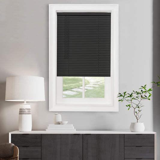 Cordless Light Filtering Mini Blind - 28 Inch Width, 48 Inch Length, 1" Slat Size - Black - Cordless GII Morningstar Horizontal Windows Blinds for Interior by Achim Home Decor