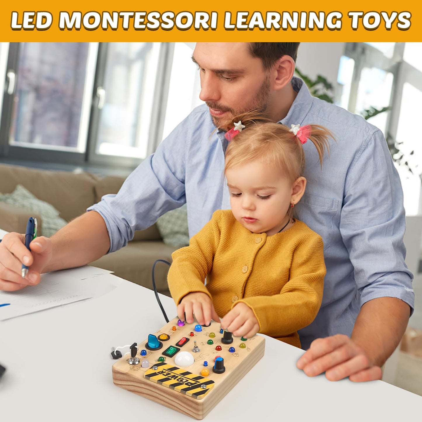 Joyreal Montessori Toddler Busy Board, 19 Led Wooden Sensory Board Educational Toy, Montessori Toys for 1-6 Year Old, Travel Toys Gifts for Toddlers Boys and Girls
