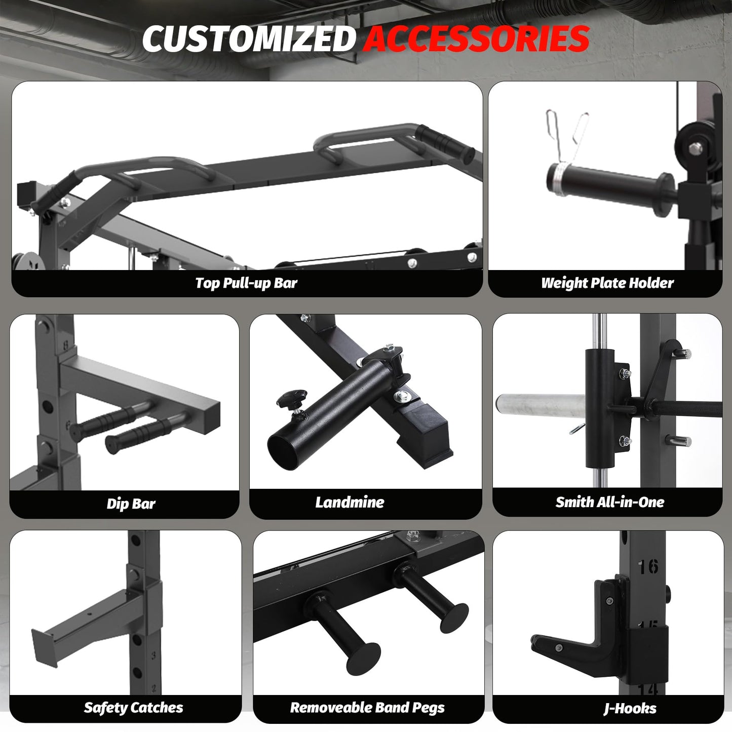 GarveeLife Power Cage, Smith Machine Squat Rack, Heavy Duty Power Rack for Home Gym with Pulley System, Dip Bar, LAT Pulldown, Multifunctional Squat Rack for Home Gym, Black