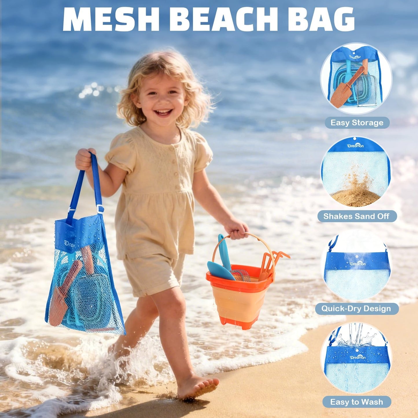 Dreamon Beach Toys, 2 Packs Travel Sand Toys for Kids Ages 4-8 | 10 PCS Sandcastle Building Kit with Collapsible Bucket, Mesh Bag, Sand Sifter, Shovel & Rake, Beach Essentials for Kids