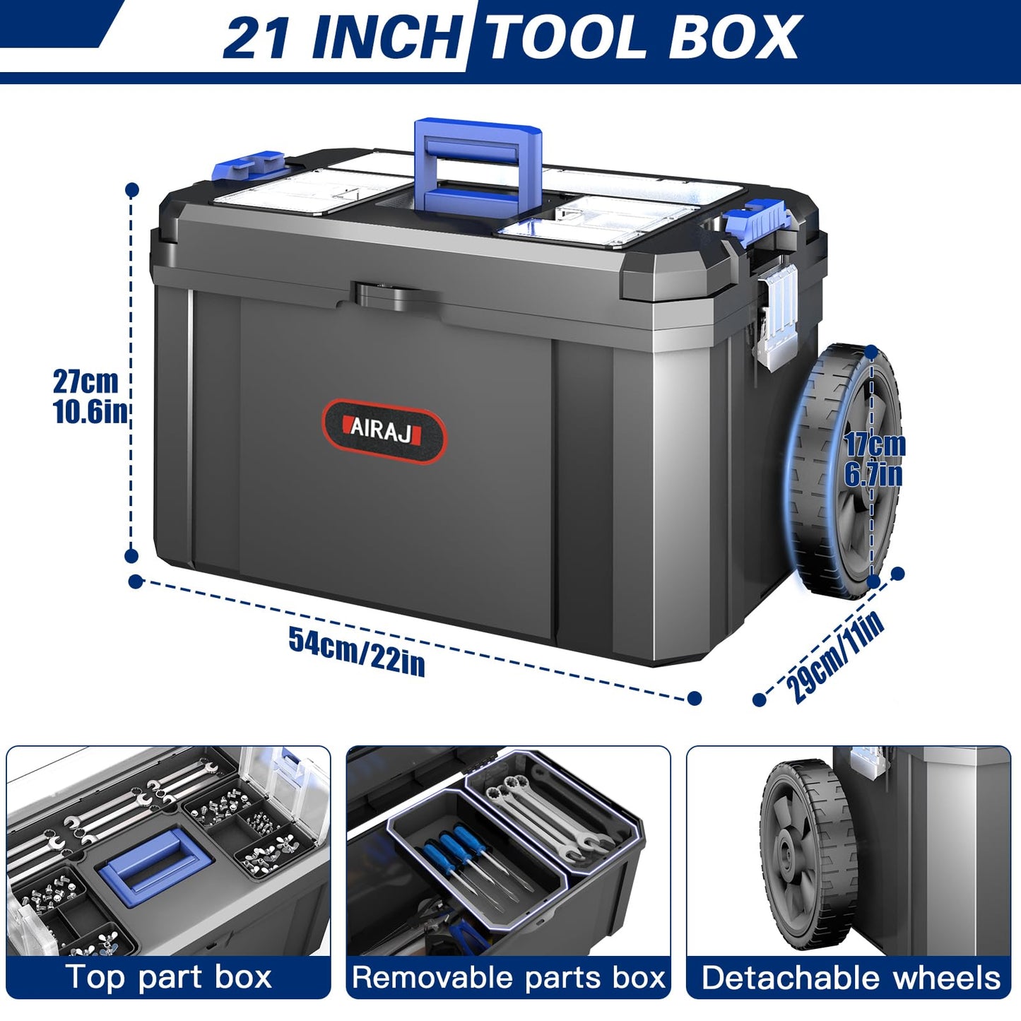 3 IN 1 Rolling Tool Box With Wheels,Stackable Tool Box,Modular Tools Storage Organizer,Top Small Parts Organizer Design,With Removable Small Parts Box,for Home,Repair,Garage Storage,17 IN+19 IN+21 IN