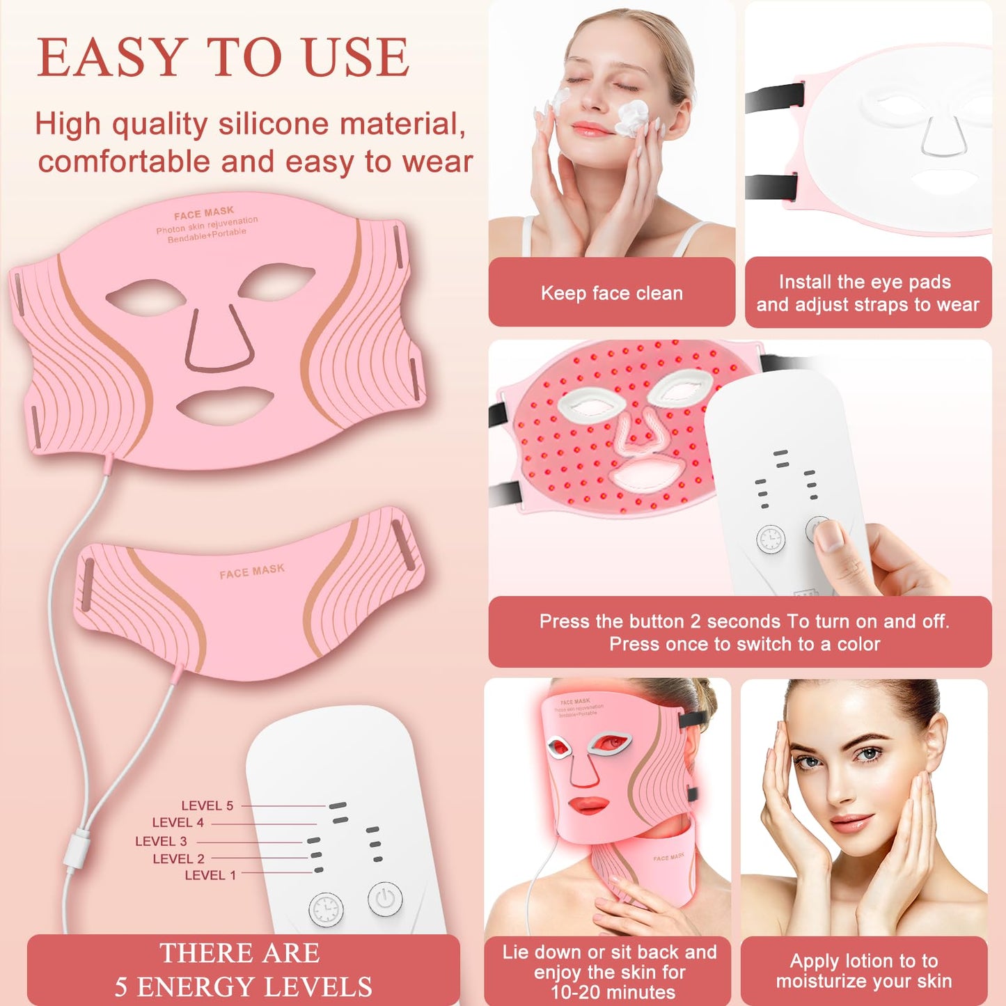 Red Light Therapy for Face & Neck, LED Red Light Therapy Mask for Anti-Aging, Wrinkle Reduction, and Skin Firming, Rechargeable LED Face Mask Light Therapy, 7 Modes, 5 Levels, Home & Travel Use