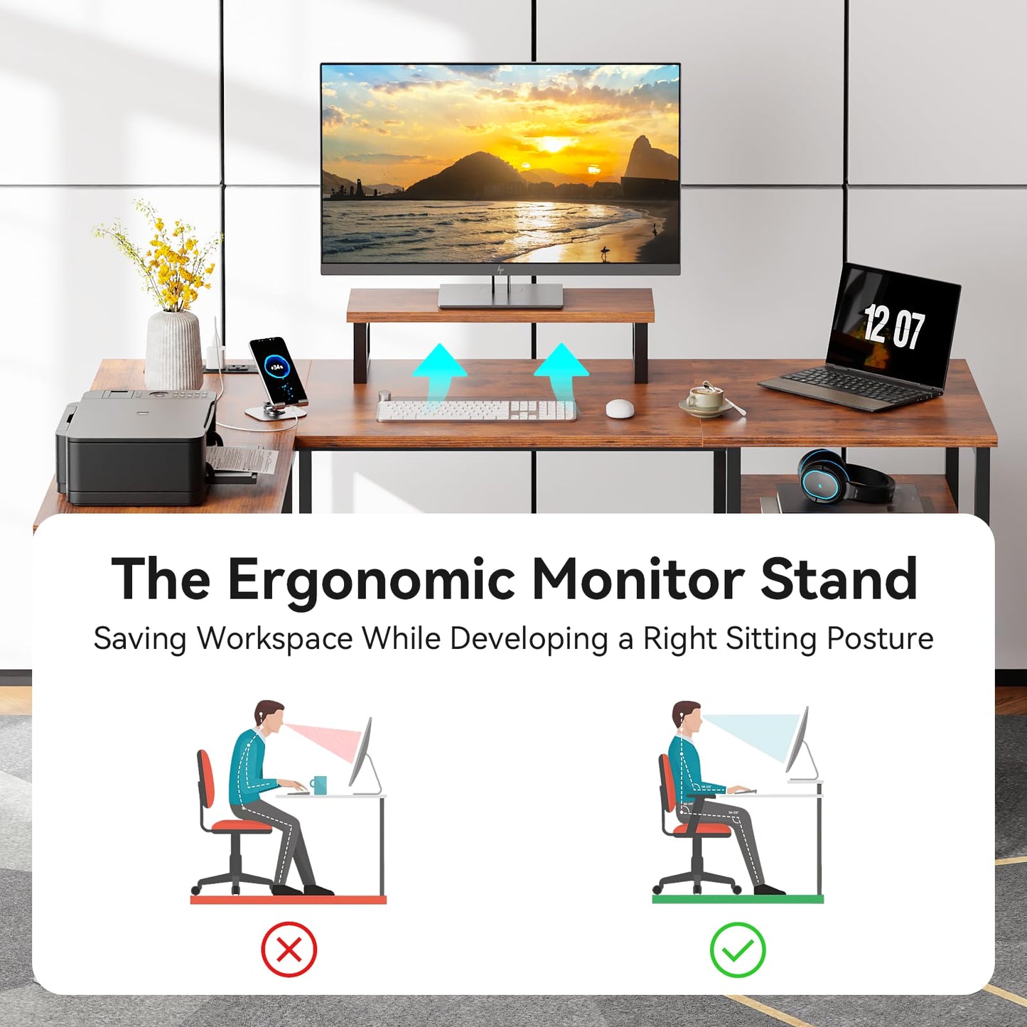 Furologee L Shaped Computer Desk with Power Outlet, Reversible Home Office Desk for Work Study, 50 Inch Corner Gaming Table with File Drawer, Monitor Stand, Storage Shelves, Rustic Brown