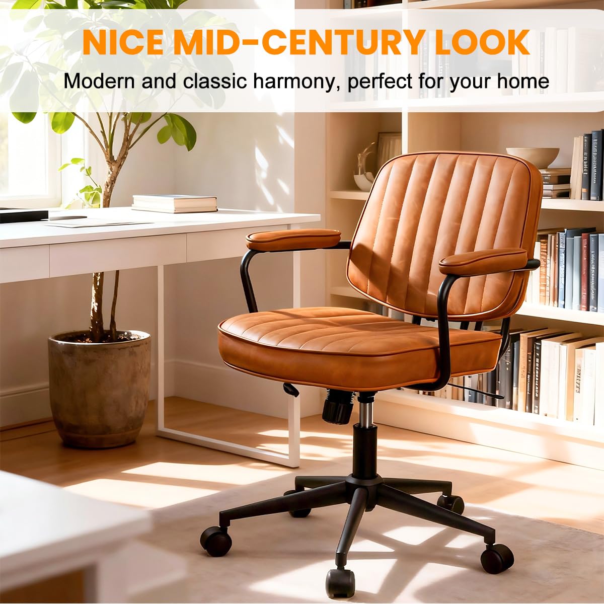 Artswish Mid Century Office Chair - Leather Desk Chair with Wheels, Arms, Swivel & Height Adjustable Ergonomic Computer Chair for Home Office, Brown