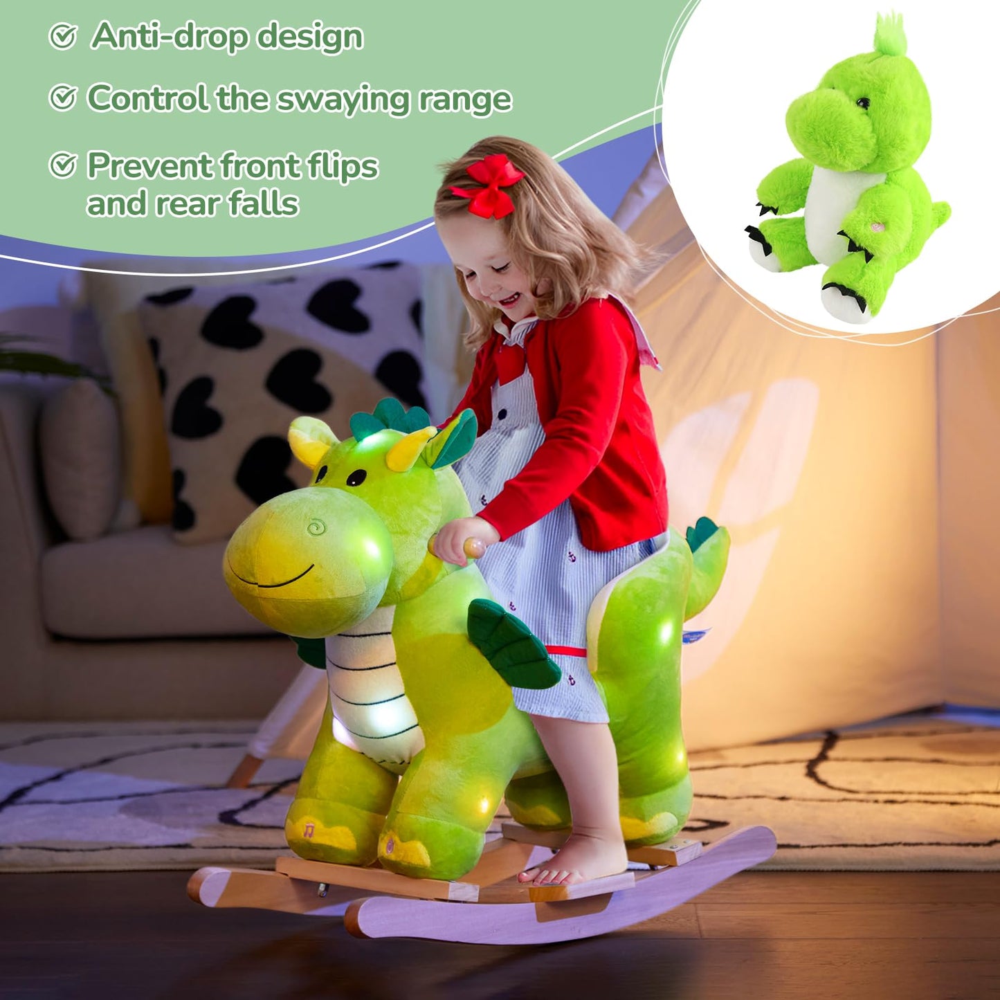 Glow Guards Light Up Musical Dinosaur Baby Rocking Horse Set of 2 with Safety Belt Dinosaur Rocker Baby Rocking Chair for Toddlers 1-3