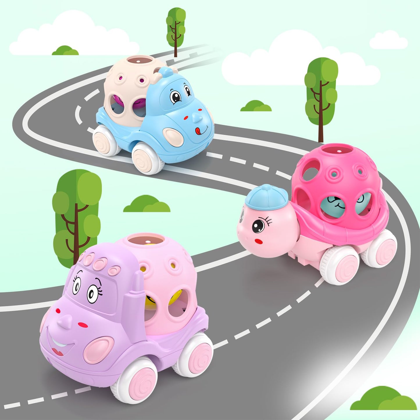 BeAndge Baby Girl Toys Gifts for 1 2 Year Old Girls, Pink Cars for Babies 6-12 12-18 Months, Push and Go Trucks for Toddlers, Soft Rattle Toys for One 1+ Infants First Birthday Easter Gifts