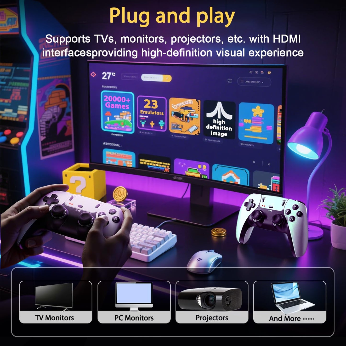 Wireless Retro Game Console Built-in 20000+ Games and 23 Emulators, 2025 New Plug & Play Retro Gaming Console with 4K Output & Dual 2.4G Controllers, Games Nostalgic Stick (64GB)