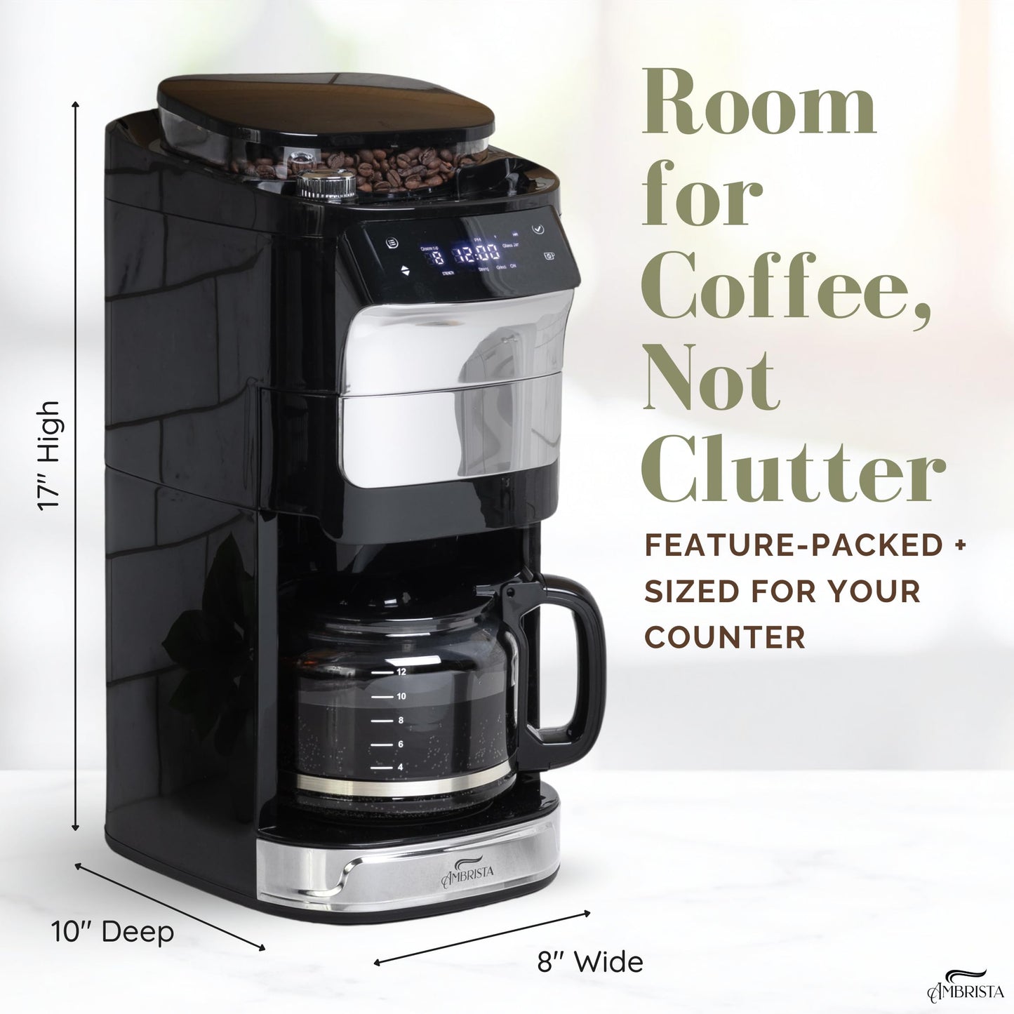 AMBRISTA 12-Cup Digital Drip Coffee Maker with Built-In Burr Grinder | Programmable Coffee Machine | Reusable Filter and Refillable Water Tank | Warming Plate with Glass Coffee Pot