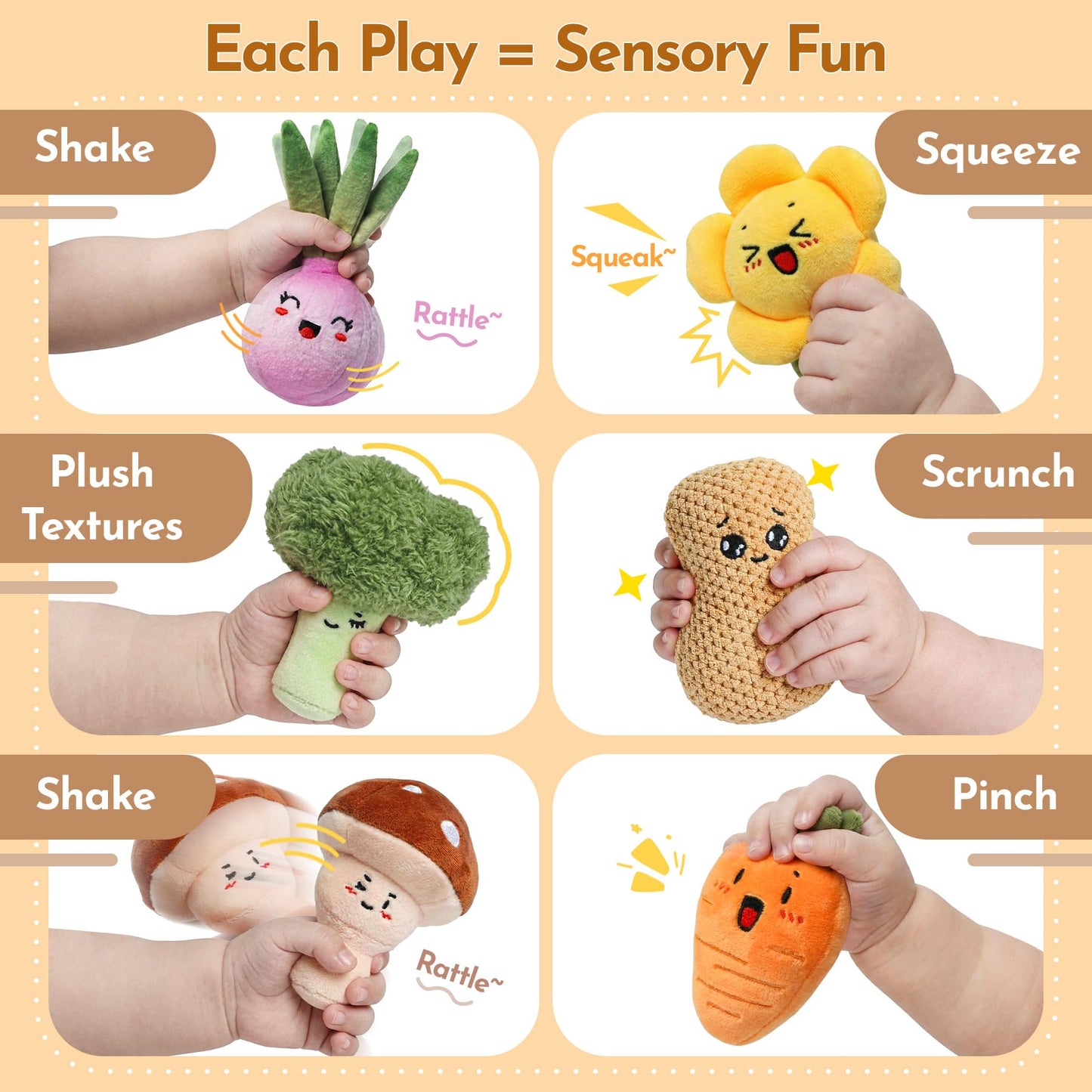 Teekdeer Baby Toys 6-12 Months, Farm Vegetable Garden Plush Toy with Animal Finger Puppets, 6 Month Old Montessori Sensory Toys with Rattles, Mirror, Squeaker, Textures, Teether, Easter Boy Girl Gifts