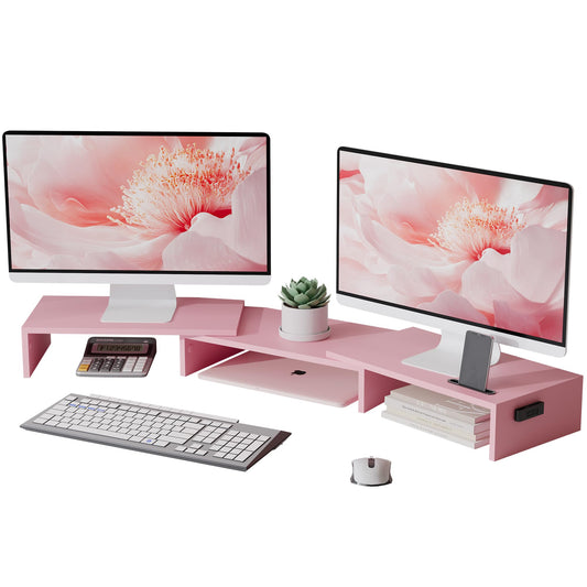 BONTEC Dual Monitor Stand Riser with Smartphone Holder, Adjustable Length & Swivel Angle, Ergonomic Wooden Desktop Organizer for PC Monitor, Laptop, Printer, Large Storage, White