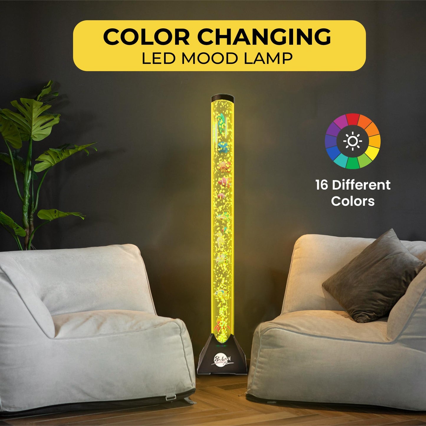 Brewish 4FT Sensory LED Water Bubble Tube Lamp with 16 Color Changing Night Light Effects, Fake Aquarium Tank & Gift for Kids, Autism, Remote Control & 12 Fishes (Wall Bracket Included)