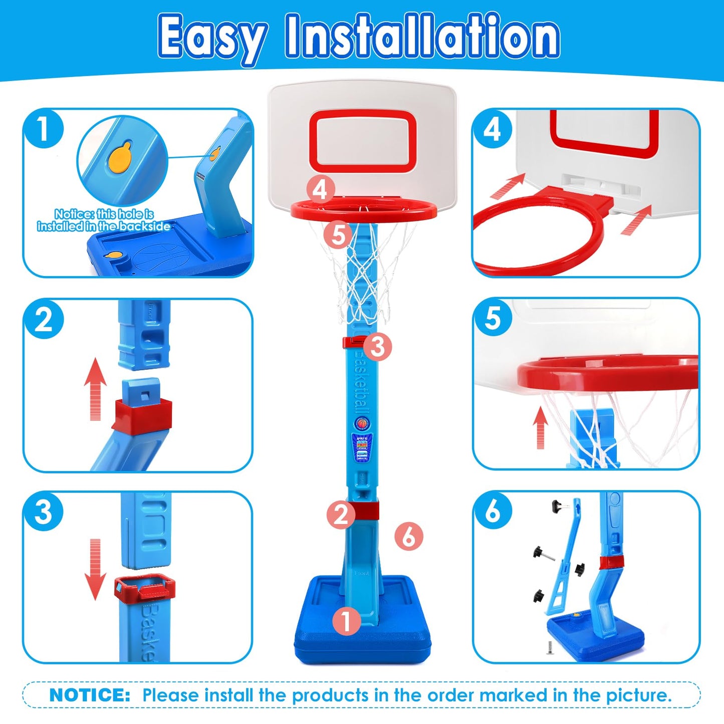 AOSPHYS Toddler Basketball Hoop Indoor Outdoor - Height Adjustable 27.6-54 Inches (5 Slots), Kids Basketball Hoop with 4 Inflatable Balls & Pump, Safe Toddler Toys for 1-6 Year Old Boys Girls