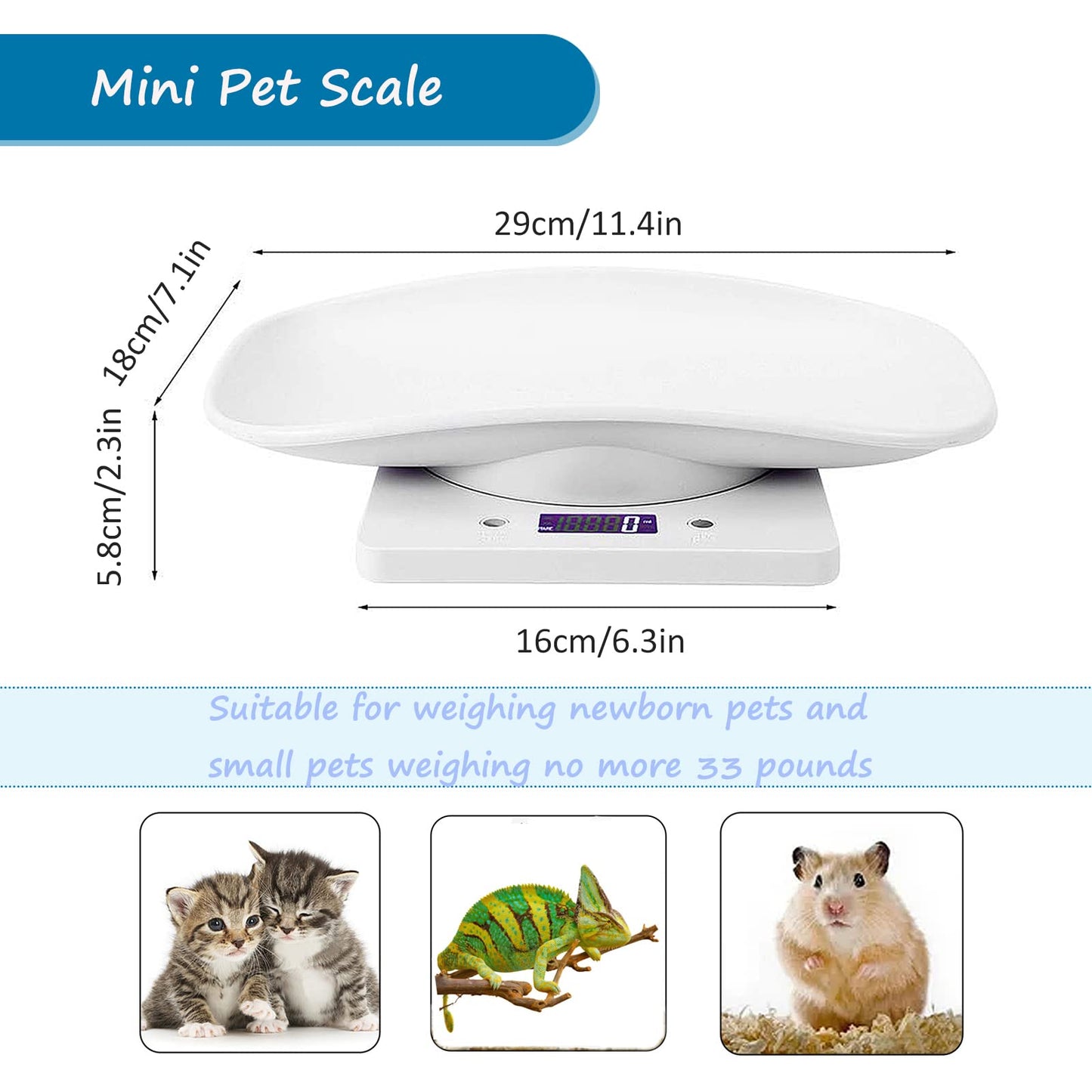 LFGKeng Newborn Kitten & Puppy Weight Scale, Multifunctional Digital Pet Scale, LCD Electronic Small Animal Food Scale, Weighing Max 33lbs, Tray Size 12" x 8", Not for Adult Cats/Dogs (White)