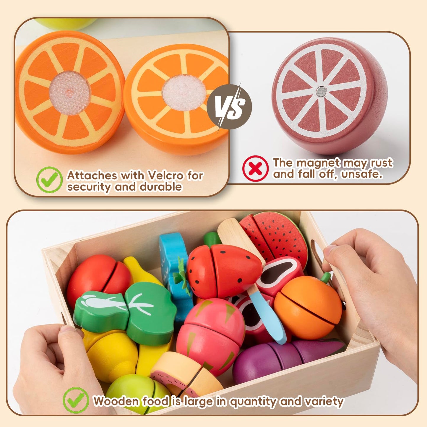 KDSFT Wooden Play Food for Toddlers - 34Pcs Velcro Fruit and Veggies with Basket & Chopping Board, Play Food Sets for Kids Kitchen Accessories, Cutting Fruit Set for Ages 3+