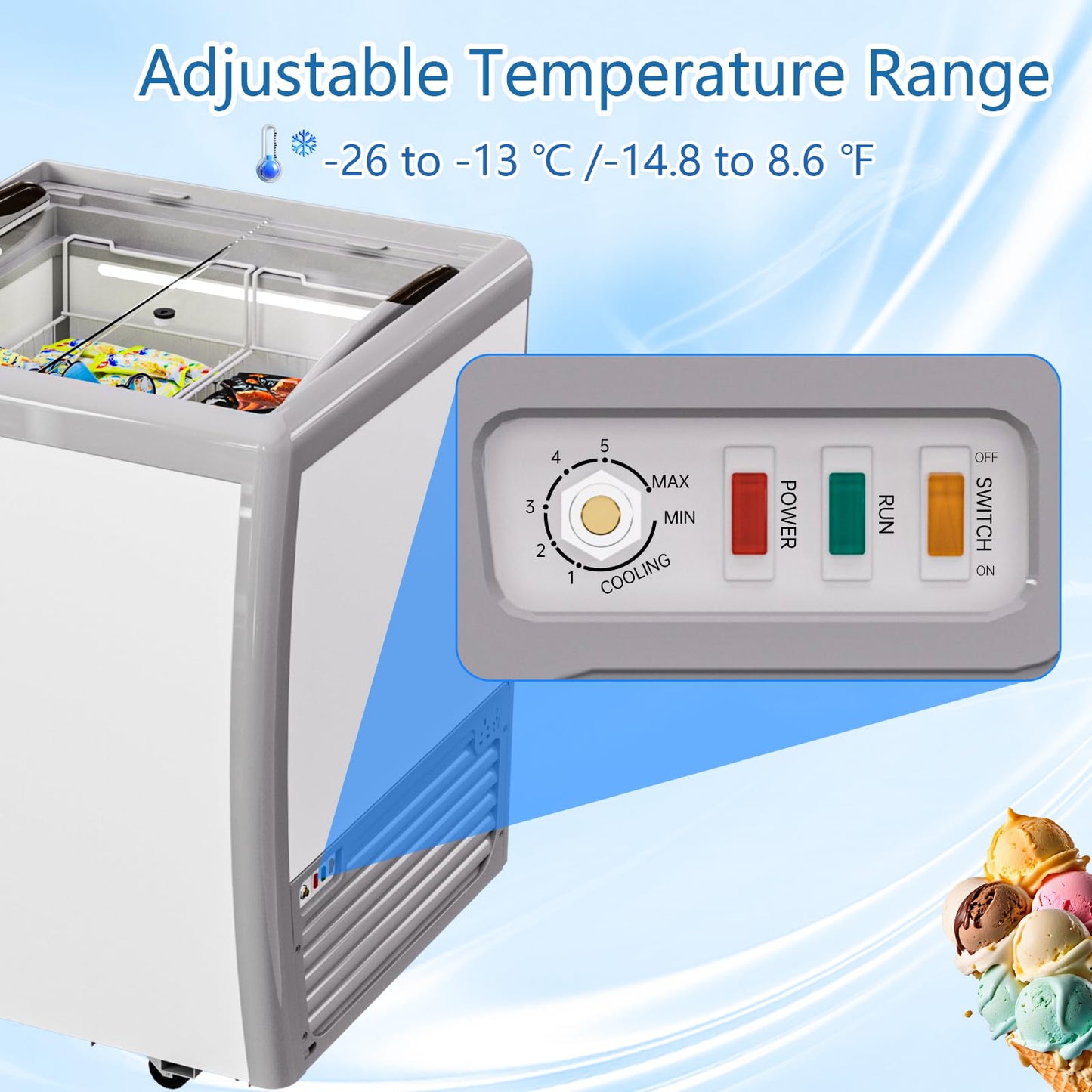 BEYOU Commercial Ice Cream Freezers with Display Glass Top，5.6 Cu.ft Chest Freezer with Wire Basket, White