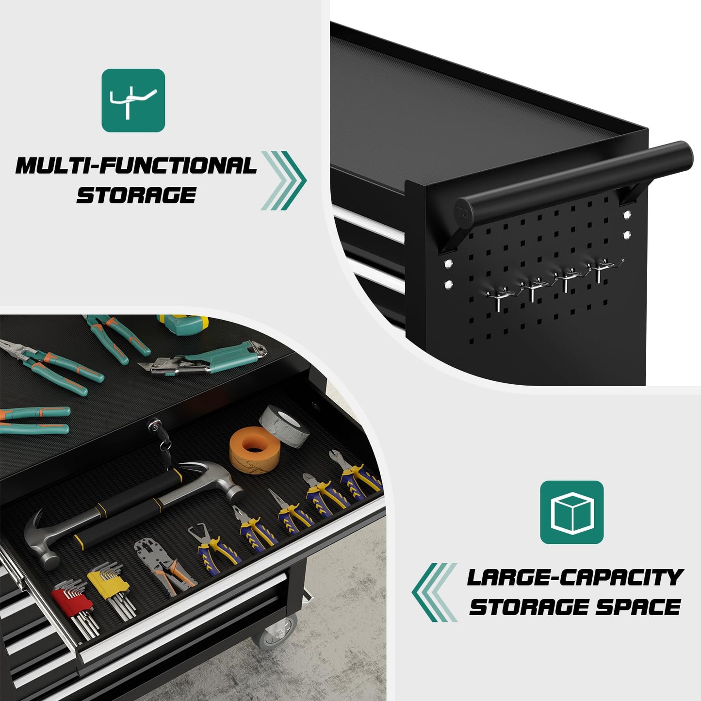 7-Drawer Rolling Tool Chest with Wheels, Tool Box with Locking System and Sliding Drawers, Heavy Duty Tool Box Organizer for Garage, Warehouse, Workshop (Black)