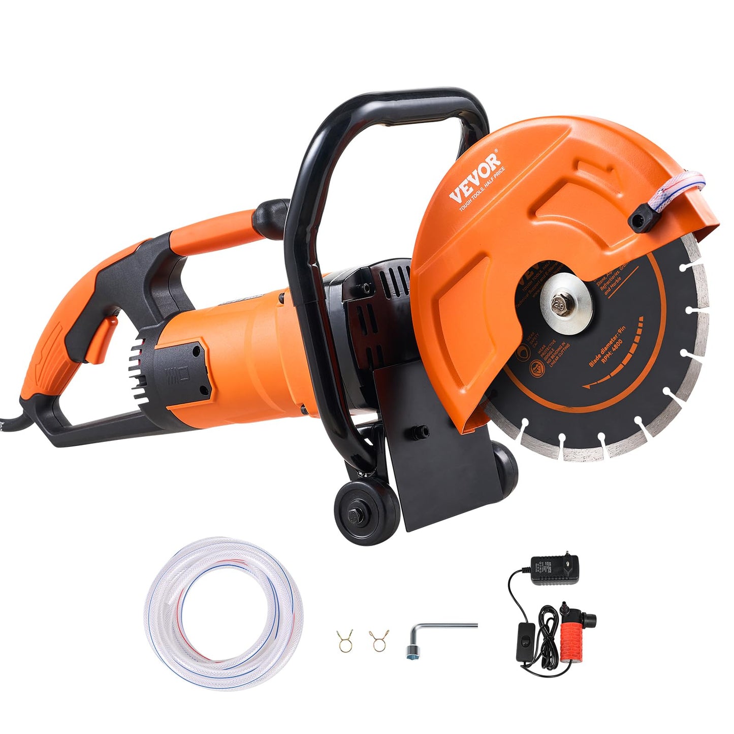 VEVOR Electric Concrete Saw, 9 in Circular Saw Cutter with 3.5 in Cutting Depth, Wet/Dry Disk Cutter Includes Water Line, Pump and Blade, for Stone, Brick, Porcelain, Concrete, 1800W Motor