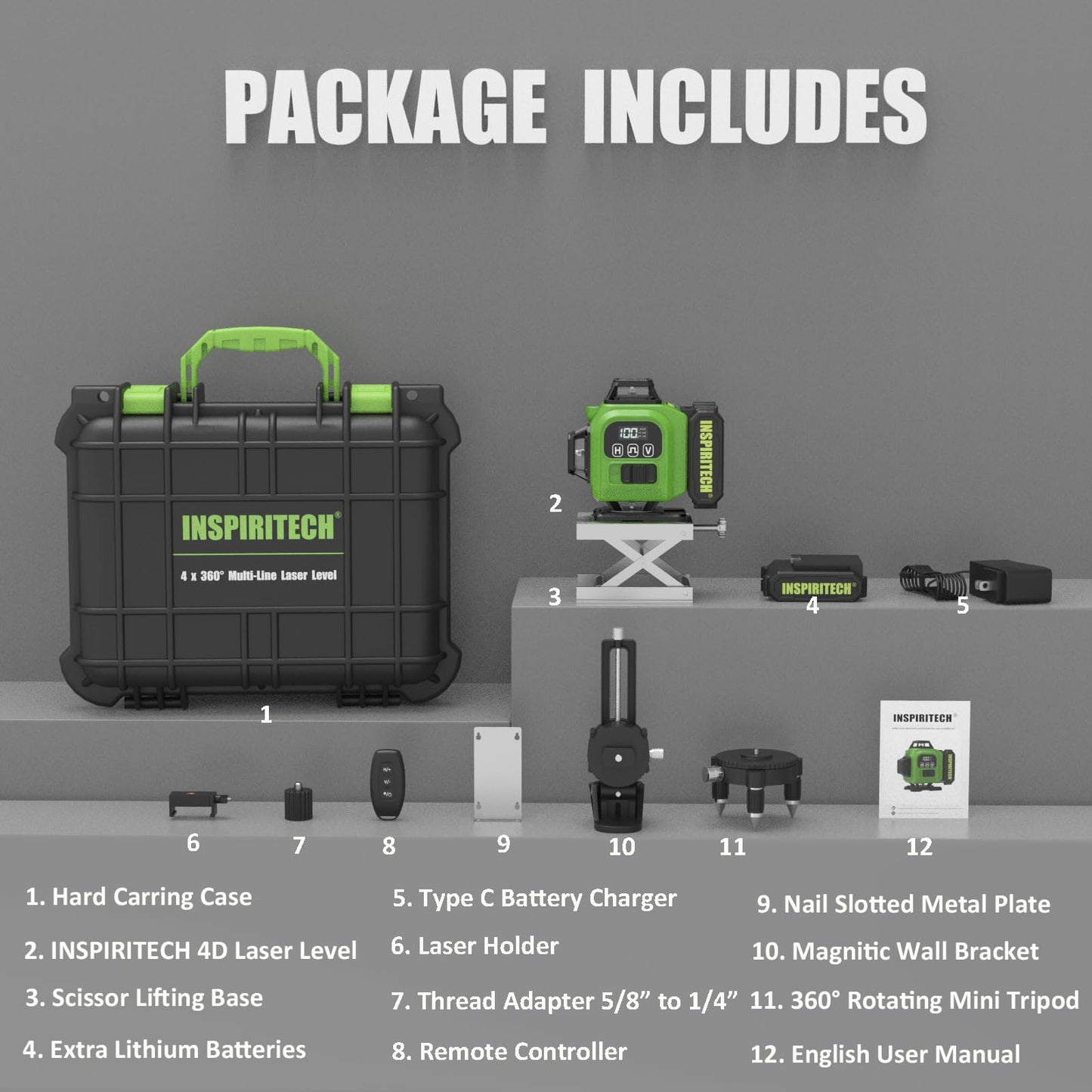 INSPIRITECH Laser Level 360 Self Leveling with Hard Case & Remote, 4x360 Rechargeable Green Line Laser for Framing Wall Ceiling Floor Tile