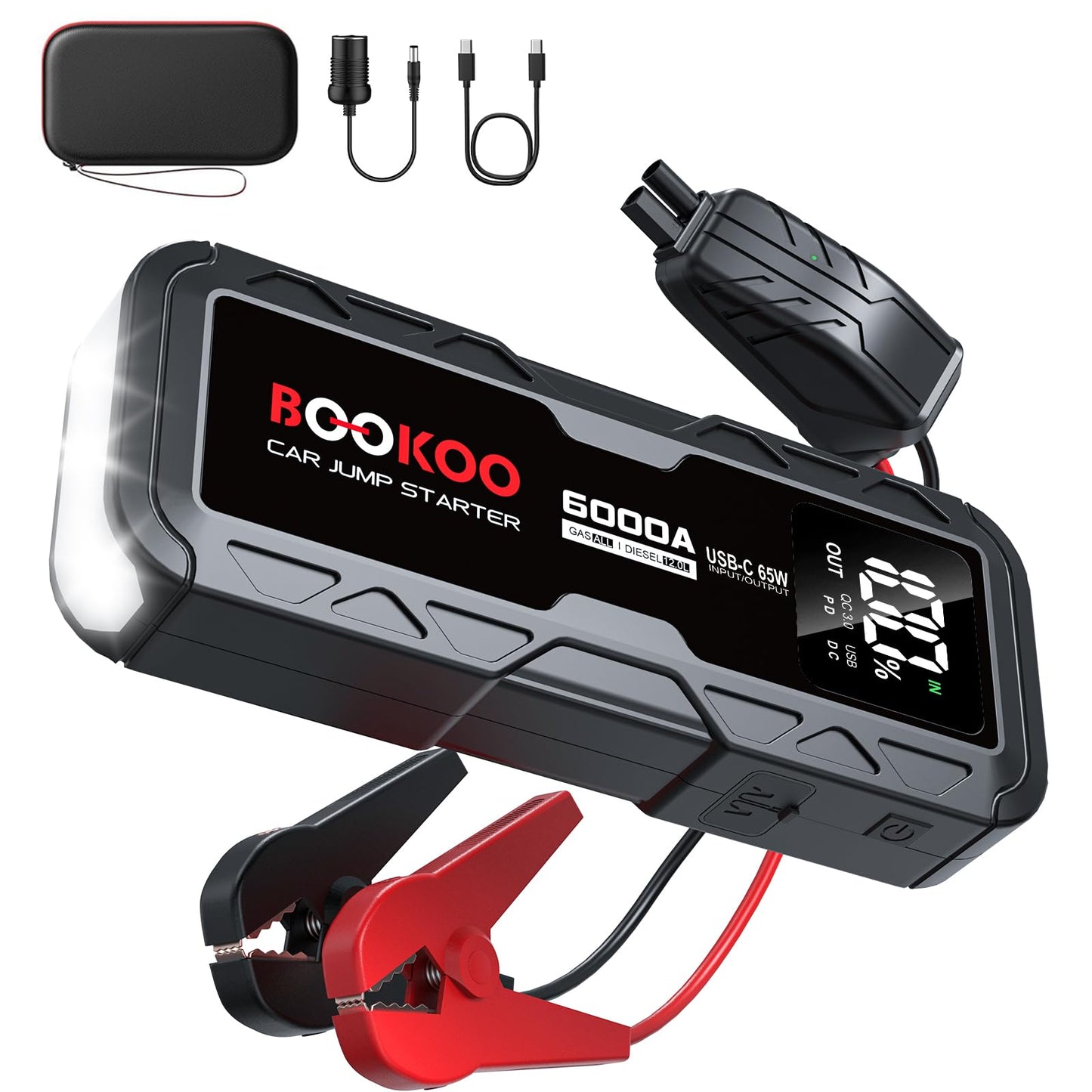 BOOKOO 6000A Jump Starter, 12V Portable Car Jump Box,Battery Pack with Jumper Cables,65W 2-Way Fast Charging Power Pack for All Gas and 12L Diesel Engines-2026 Upgrade