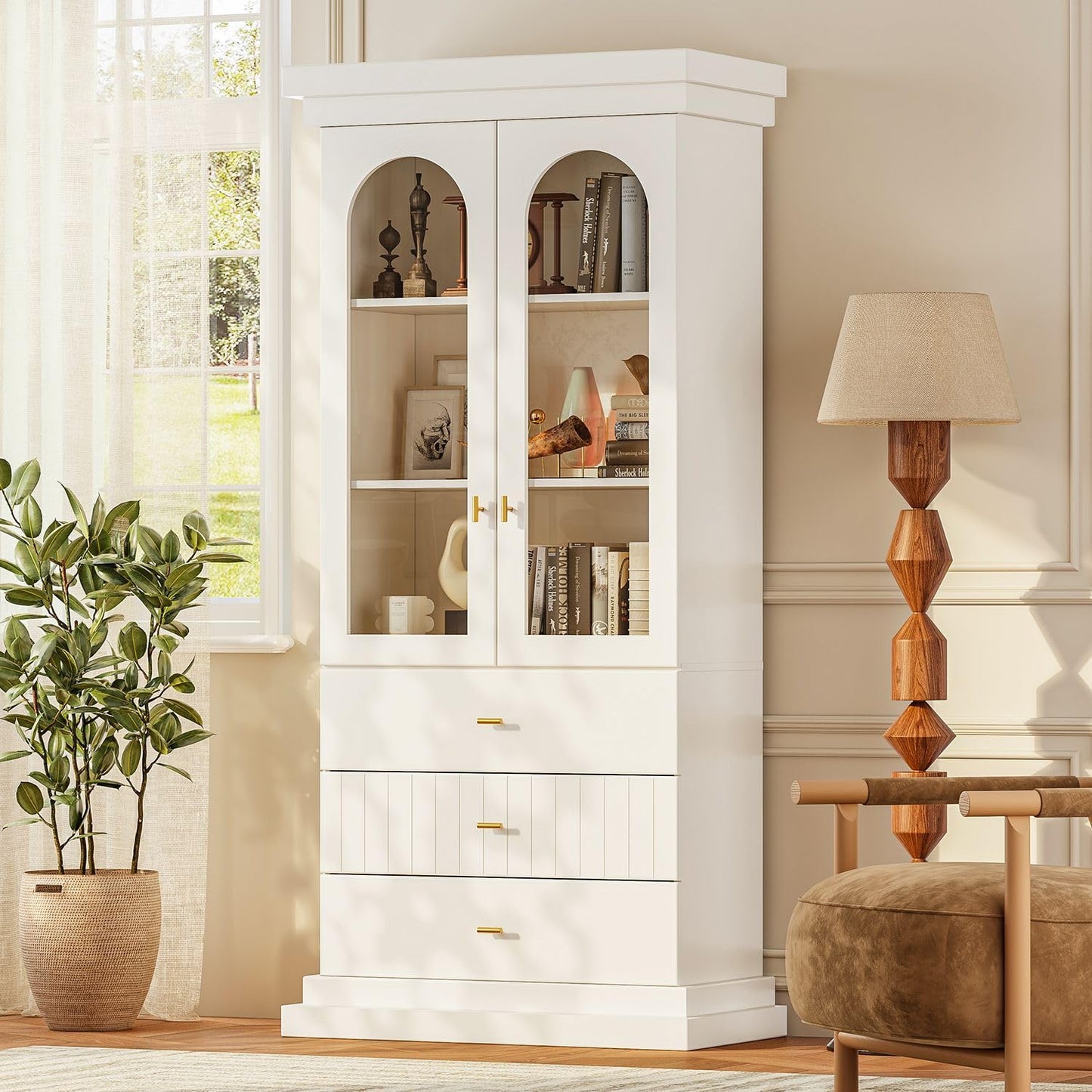 Myricore 71" Arched Kitchen Cabinet, Double Glass Door Display and Storage Cabinets with Drawers, Modern Pantry for Dining Room, Living Room, White with Gold Handles, 2 of Set