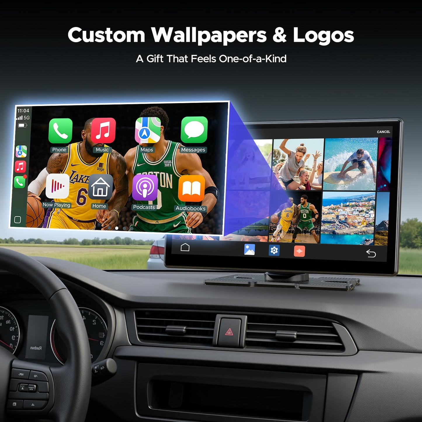 Volam 9'' Carplay Screen with Net-Flix YouTube and AHD Backup Camera Upgraded Wireless Android Auto Screen Portable AI Magic Video Box Built-in Apps Voice Control Car GPS for iOS 10+ Android 11+