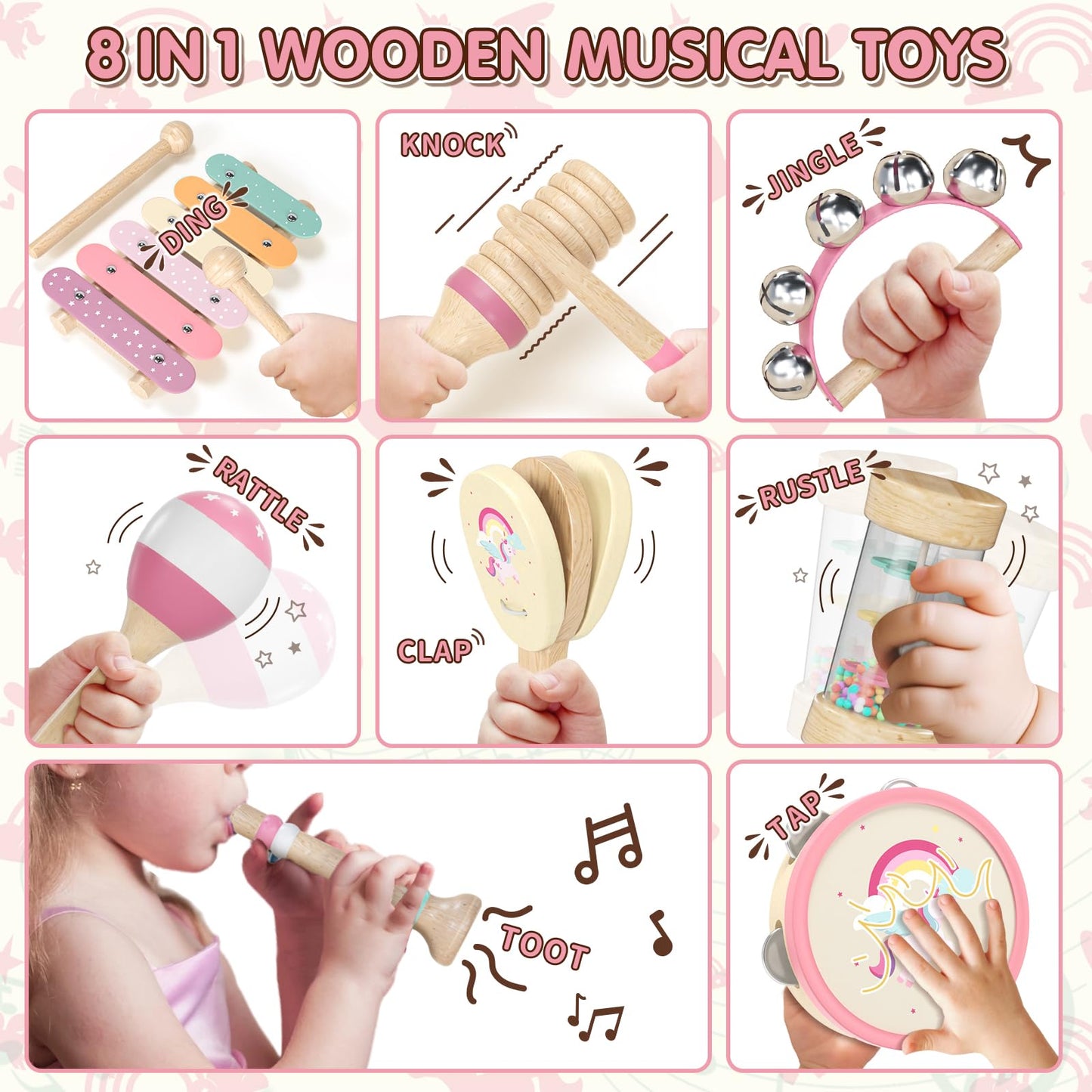 Baby Musical Instruments for Toddlers 1-3, Montessori Wooden Toys for 1 Year Old, Xylophone Maracas Percussion Set with Storage Bag, Learning Toys for Boys Girls Age 2-4, Christmas Birthday Gift, Pink