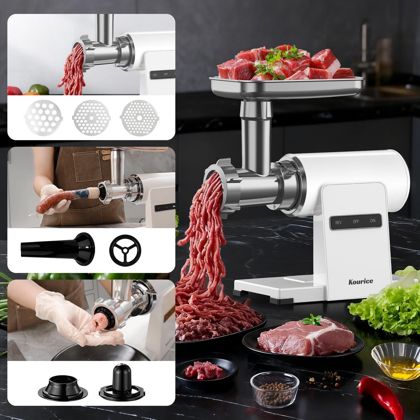 Kourice Meat Grinder, Electric Meat Grinder with Sausage Stuffer Maker & Kubbe Kit, Metal-Body Meat Mincer with 3 Stainless Steel Grinding Plates & 2 Blades for Home Kitchen Using