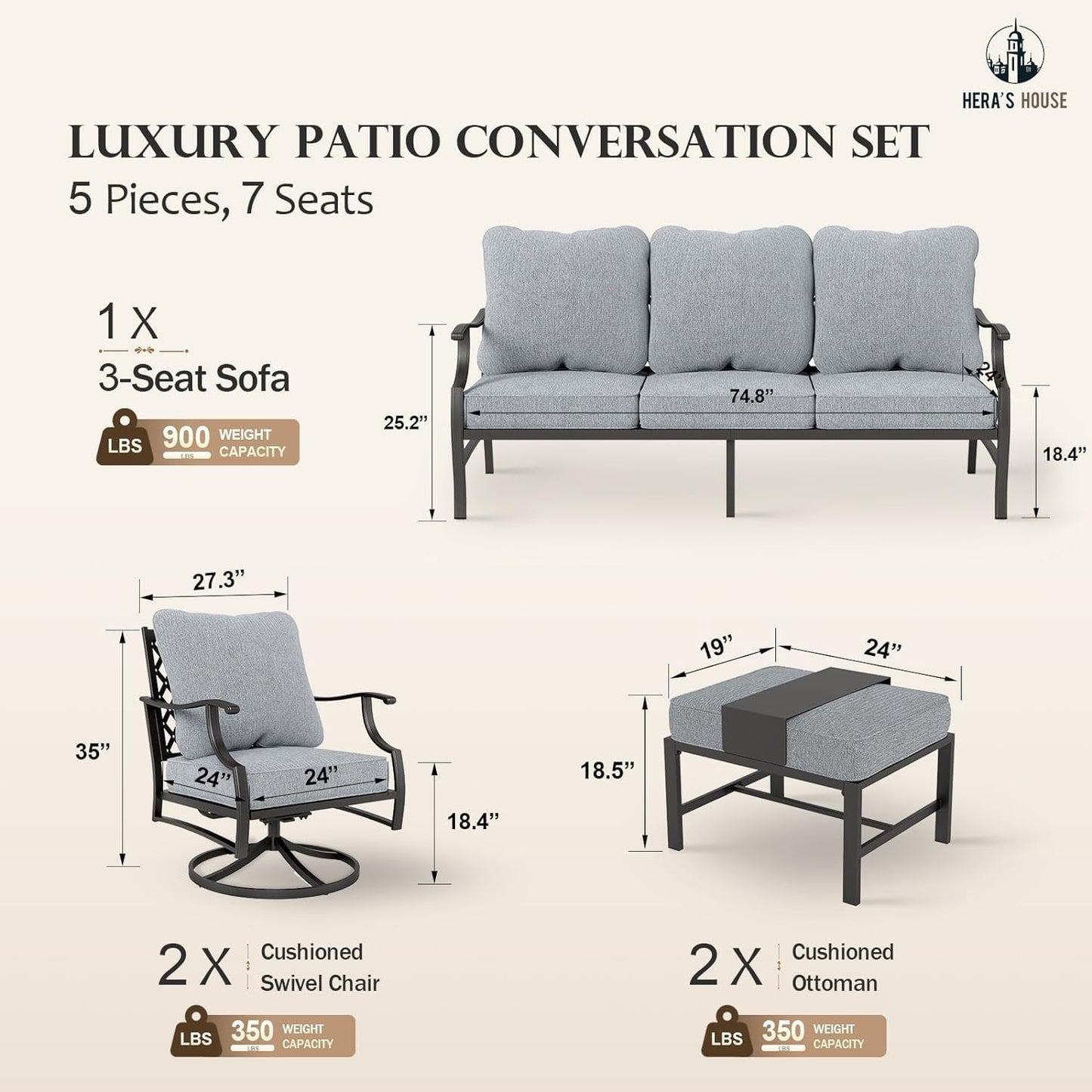 HERA'S HOUSE 5 Piece Patio Furniture Set, 2 x Swivel Chair, 2 x Ottoman, 1 x 3-Seat Sofa, All Cushioned Outdoor Conversation Set for Lawn Garden Backyard Deck, Grey