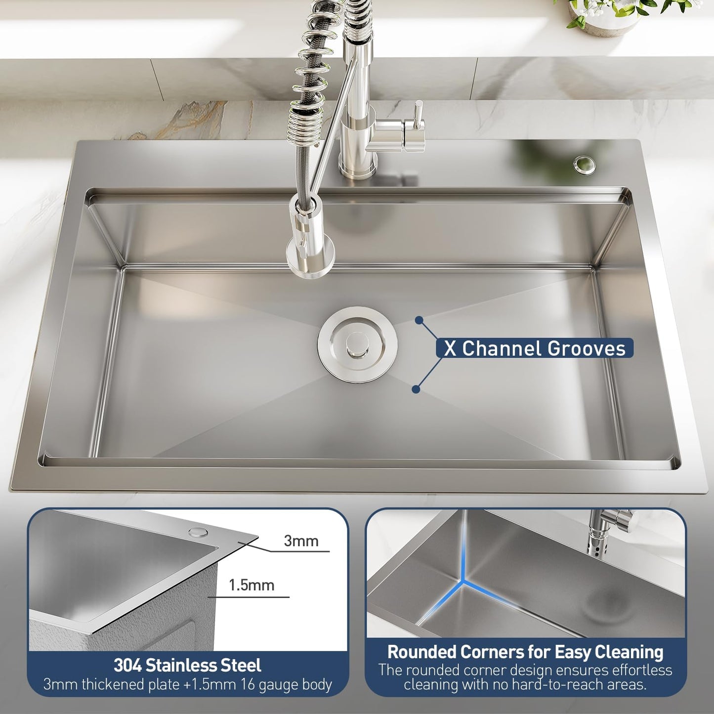 Drop in Kitchen Sink Workstation, Stainless Steel Single Bowl Sink with Cutting Board, Roll Up Rack and Drain Basket, Scratch Resistant Topmount Sink for Kitchen Prep and Cleaning