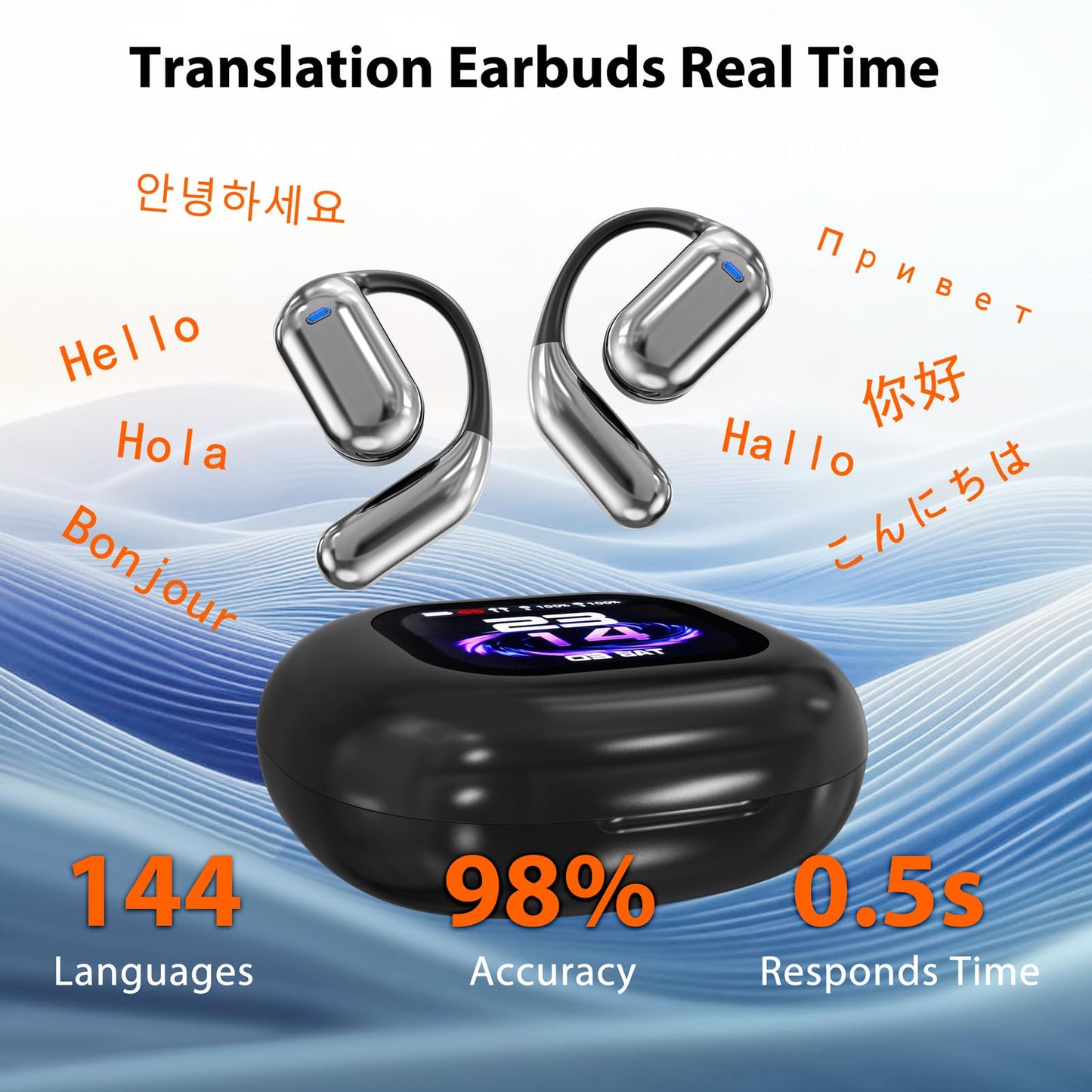 AI Language Translation Earbuds Real Time, 144 Language Translator Earbuds, OWS 3-in-1 with LCD Touch Screen & Charging Case, Wireless Bluetooth Open Ear Earbuds for Travel, Business, Learning