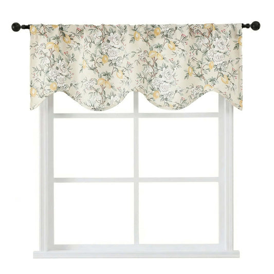 Ebesto Scalloped Valance for Windows - Light Filtering Short Kitchen Valance, Farmhouse Flower Lemon Patterned Small Window Curtains for Bathroom Basement RV Camper, 1 Piece, 52Wx18L Inches, Cream
