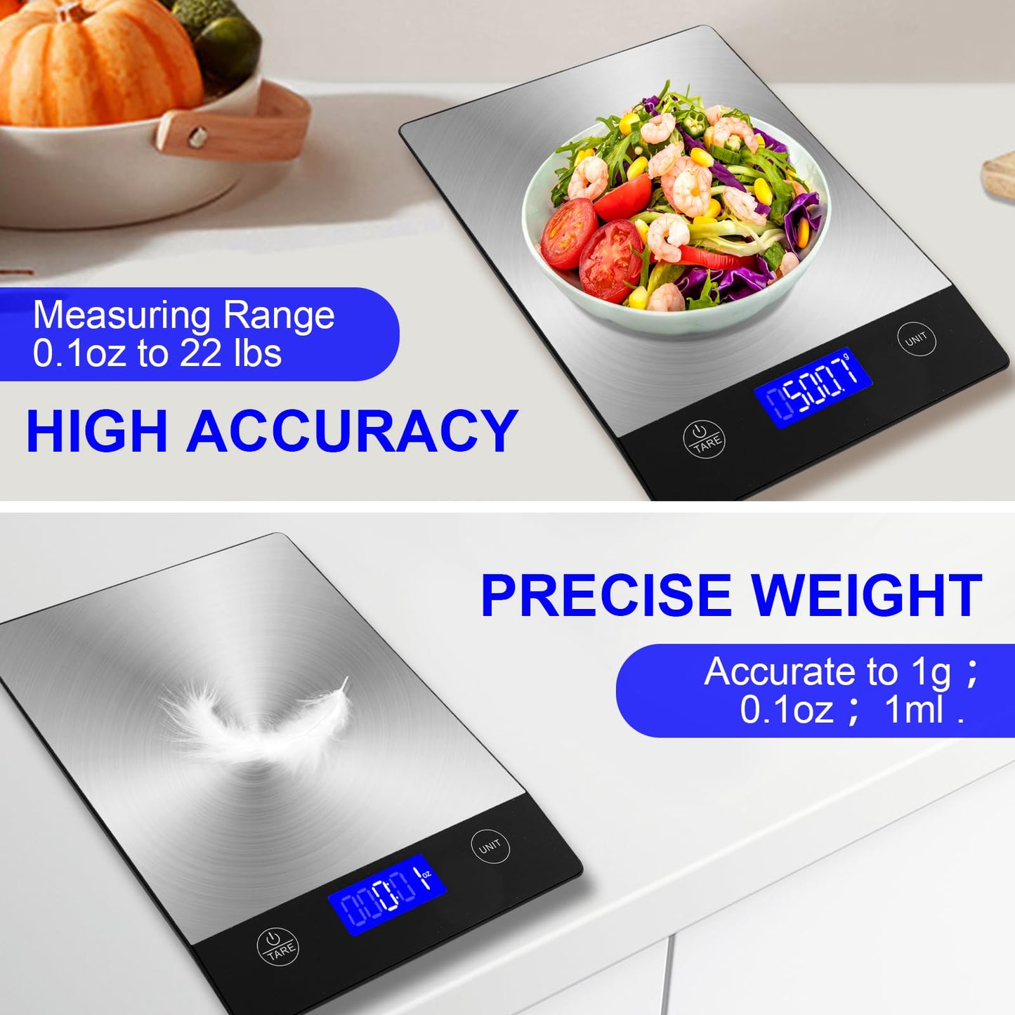 Ionsno Rechargeable Food Scale, 22lb Digital Kitchen Scale for Food in Gram and Ounce, 0.1oz/1g Precise, 304 Stainless Steel, Perfect for Meal Prep, Cooking, and Baking, Batteries and Charging Cable