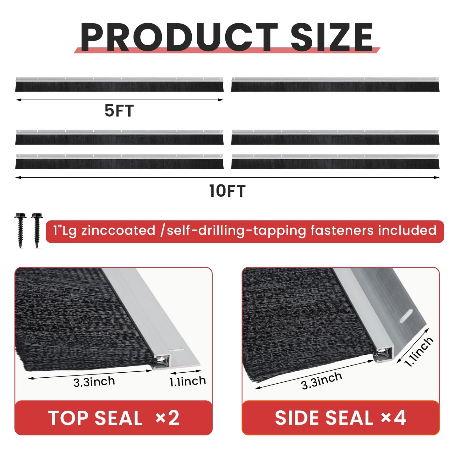 3" Roll up Garage Door Brush Seal,10 x 10ft Nylon Brush Seal Kit with Aluminum Track for Warehouse/Commercial/Sliding Barn/Hangar Doors (Top Straightx2 + Side 45-Degree Holder Side Sealx4)