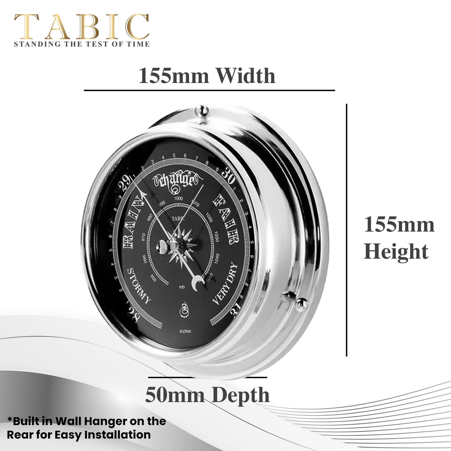 Tabic Prestige Traditional Barometer in Chrome with a Jet Black Dial, Heavy Brass Case (1/2kg) Electroplated with Chromium, Handmade in England