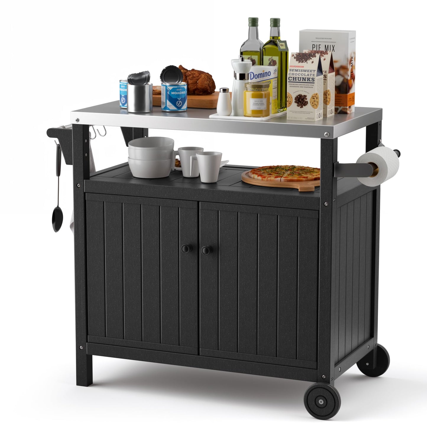 TORVA Portable Outdoor Grill Prep Table with Storage, Waterproof Outdoor Grill Cabinet, Stainless-Steel Tabletop Outdoor Kitchen Island, BBQ Cart with Wheels, Hooks and Side Shelf | Black