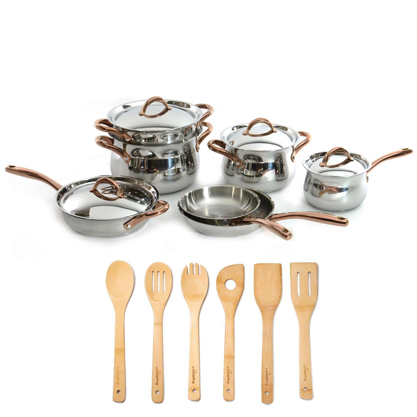 BergHOFF Ouro Gold 18/10 Stainless Steel 17Pc Cookware Set With Lids, 11Pc Induction Pots and Pans and 6Pc Bamboo Cooking Utensils Set PFOA-free, Rose Gold Handles