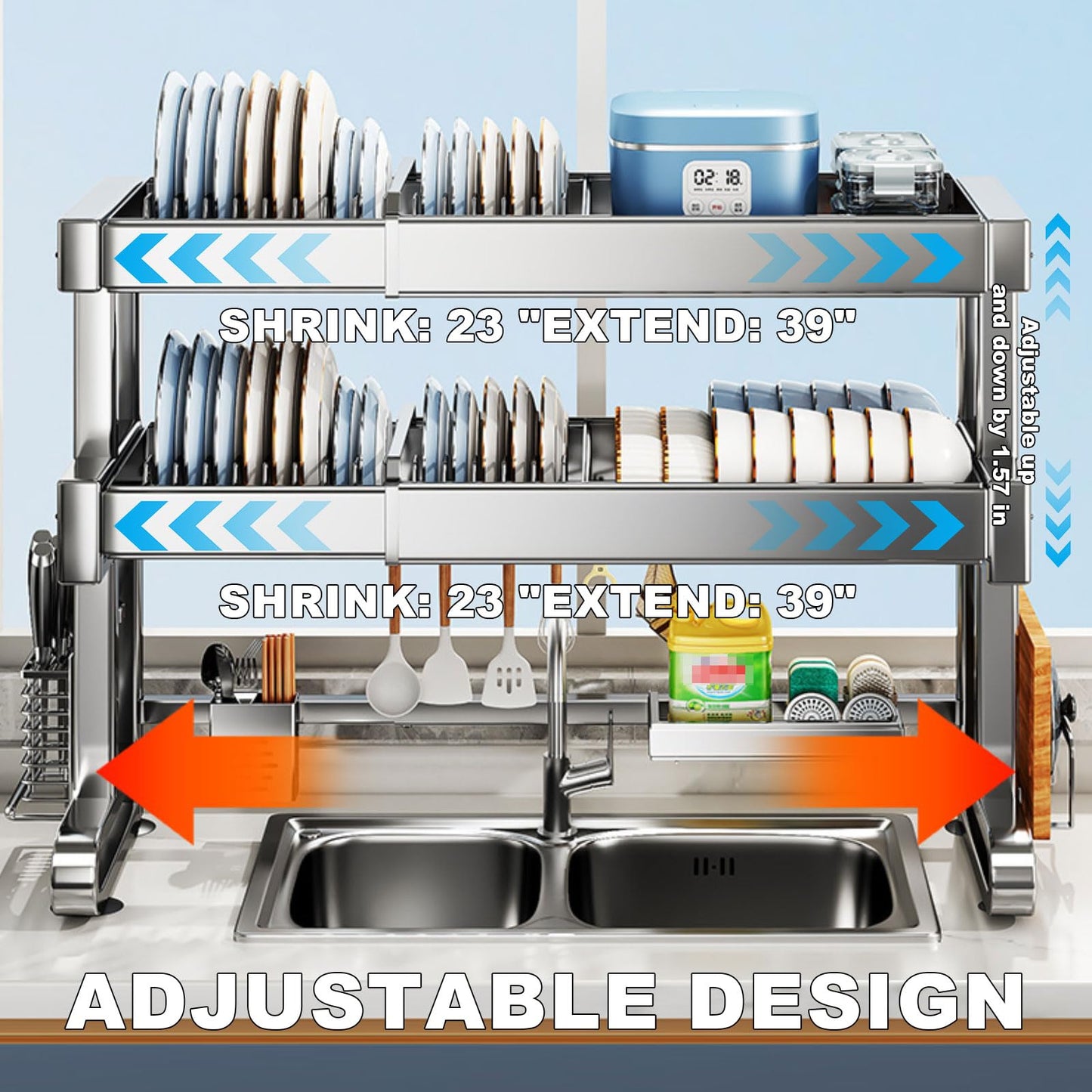 ATQIK Over Sink Dish Drying Rack 3 Tier Dish Drying Rack Full 304 Stainless Steel Large Storage Kitchen Dish Rack Expandable Drainer Shelf Rack for Kitchen Counter Above Sink Organizer（23"-39"