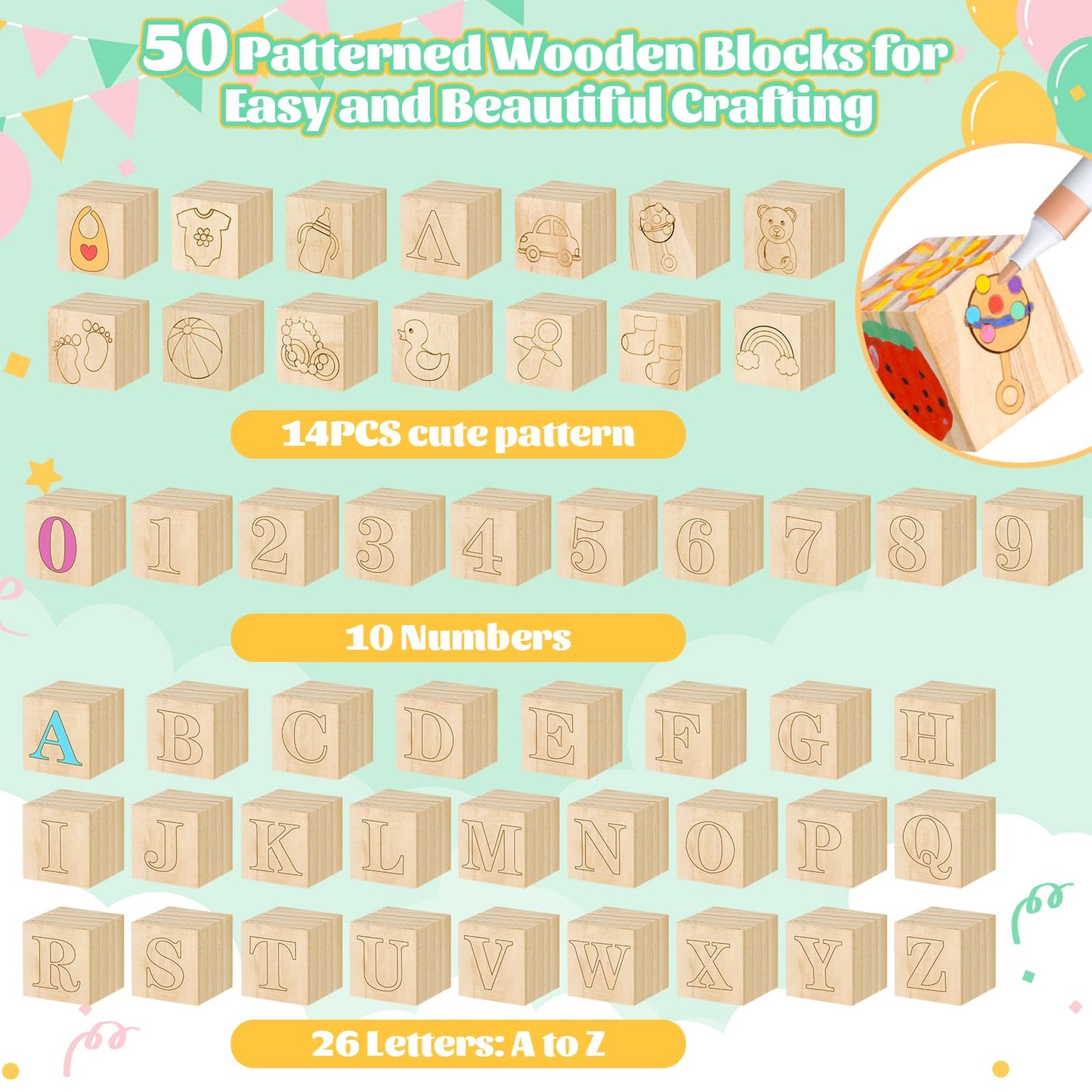 Pydeeirom Baby Shower Blocks Game Set with Wooden Box, Acrylic Markers & Wooden Sign for Baby Shower Games, Gender Reveal & Decorations (GreenLeaves)