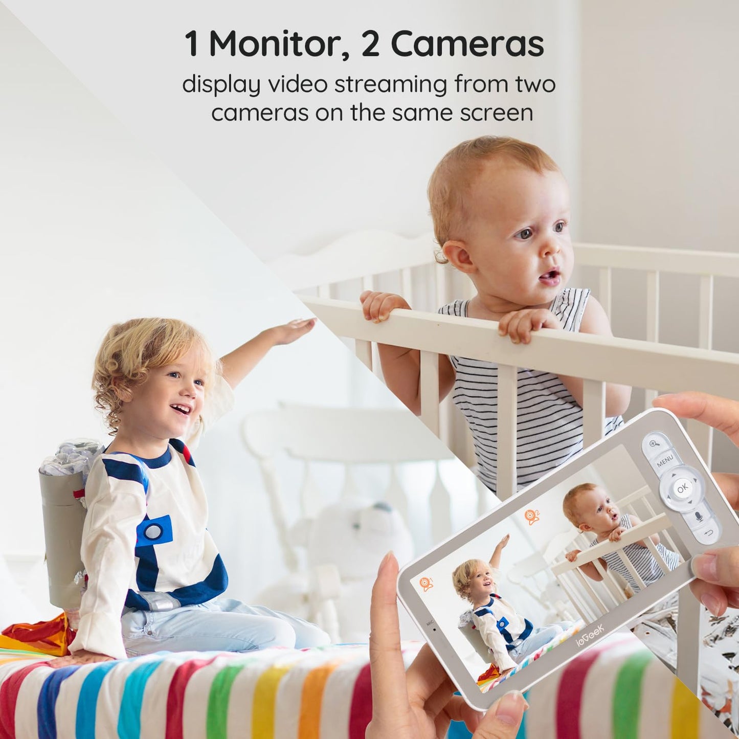 ieGeek 2K Split-Screen Baby Monitor, 5" Audio Baby Monitor with 2 Cameras, WiFi Smartphone Video Dual Camera, Night Vision, Motion & Cry Detection, Two Way Talk Temper &Humidity Sensor