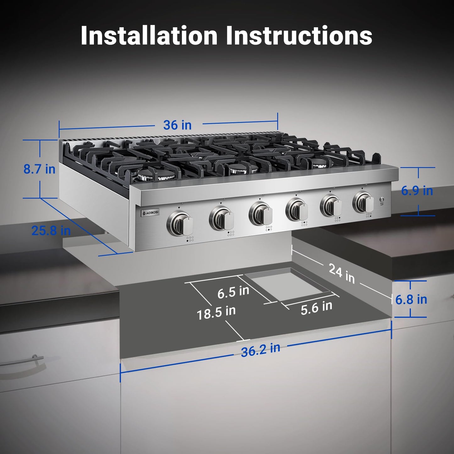 AAOBOSI 36 inch Gas Cooktop, Freestanding Range Commercial Cooktops, Built-in Propane Stoves Top NG/LPG Switch, Cast Iron Stove Top Covers for with 6 Gas Burners for Cooking, Grilling