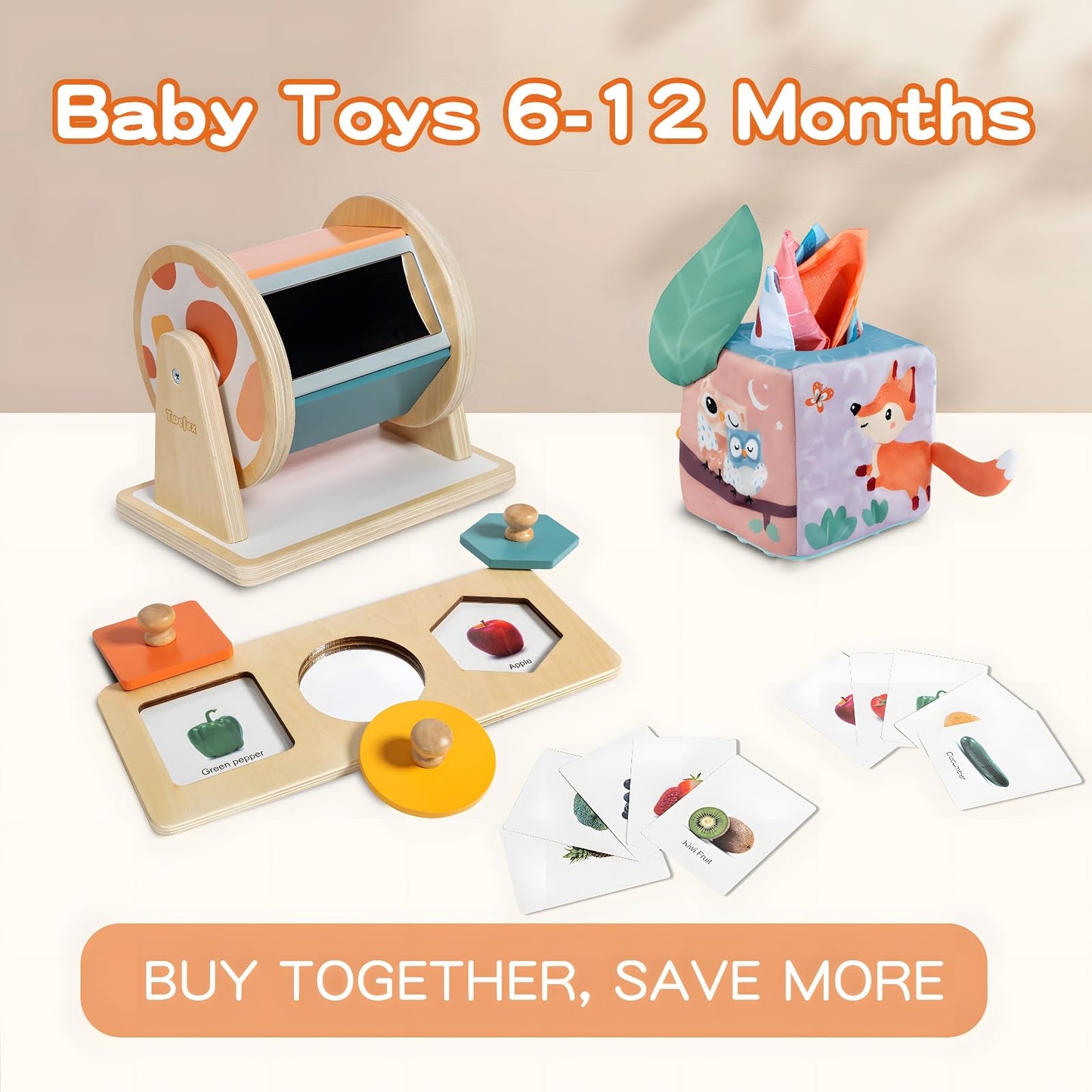 Twefex Montessori Toys for Babies 6-12 Months - 3 in 1 Baby Toys Play Kit - Medium Spinning Drum - Baby Tissue Box Toy - Peekaboo Knob Puzzle with Cards - Learning Educational Toy for Boys and Girls