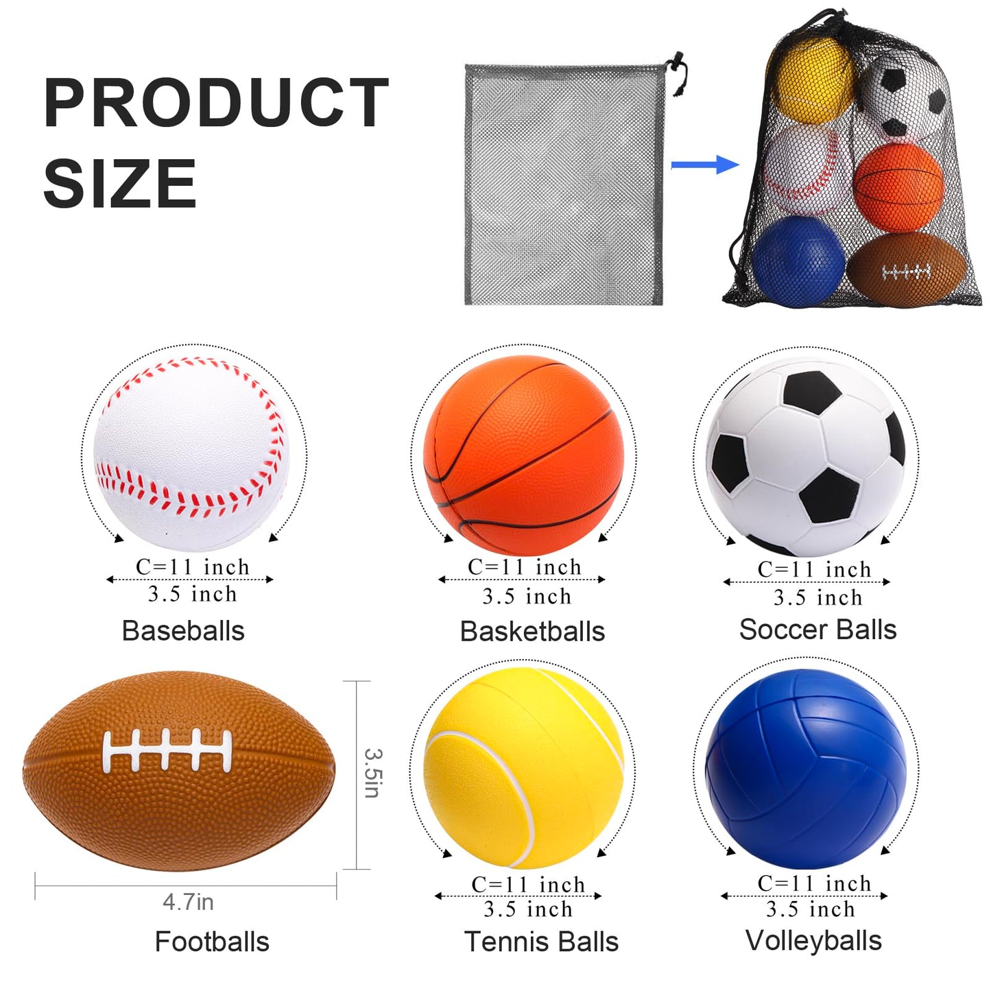 Urspasol Mini Sports Balls Set of 6 Foam Balls for Kids 3.5 inch Soft Ball for Toddlers 1-3 with Bag Includes Soccer, Basketball, Football, Baseball,Tennis and Volleyballs- Throwing Toys for Babies