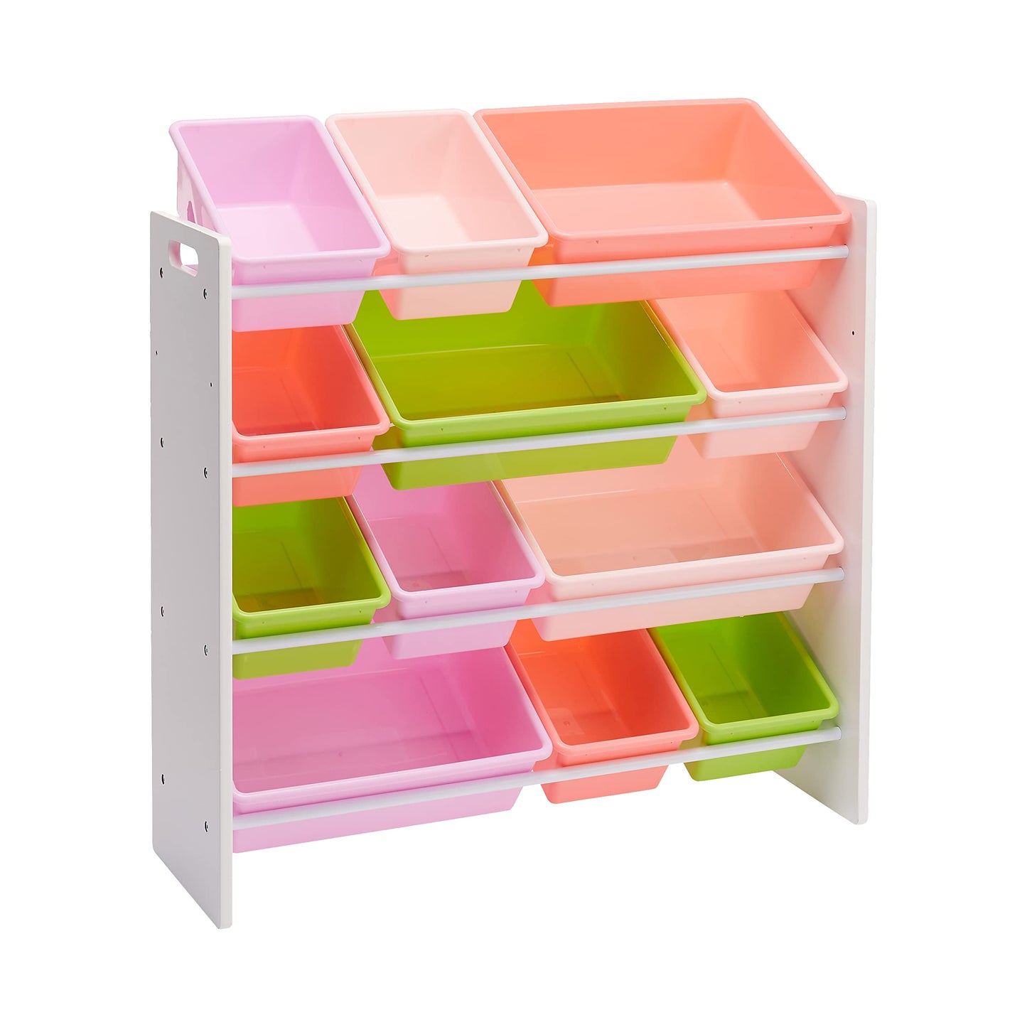 Amazon Basics Kids Toy Storage Organizer with 12 Plastic Bins, White Wood with Pink Bins, for Bedroom and Playroom, 33.85"D x 12.79"W x 35.42"H