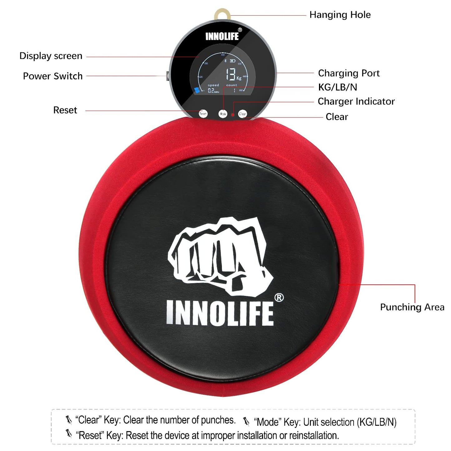 INNOLIFE Professional Boxing Dynamometer – High-Precision Punch Power Tracker with 1543 Lbs Capacity & Multi‑Unit Display (kg/lb/N)