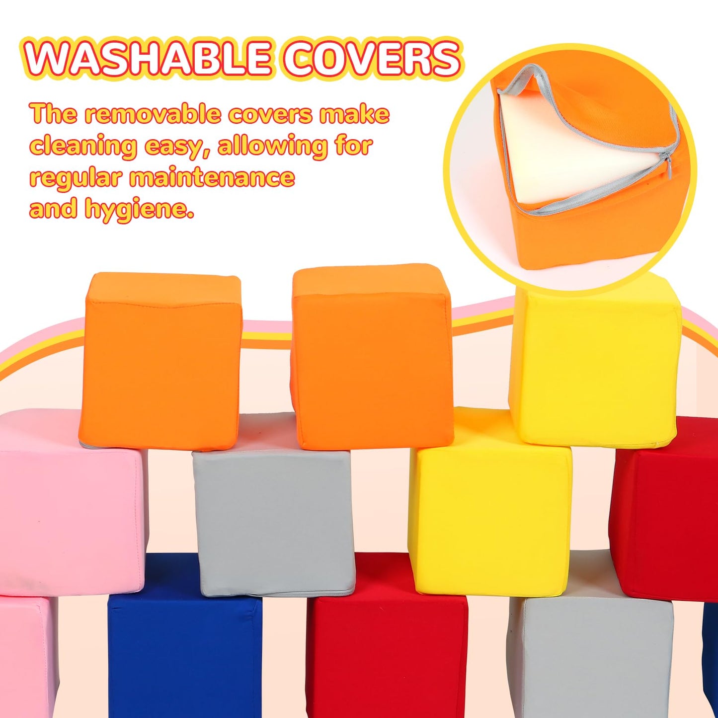 Foam Blocks for Toddlers, 12 Pieces Soft Building Blocks for Kids, Large Foam Cubes Colourful Stacking Block Sets - Throw & Play Toys with Washable Cover(Pink, Dark Blue, Yellow, Orange, Red, Gray)