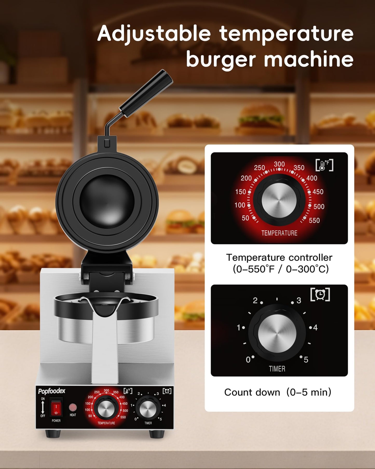 Popfoodex Ufo Burger Maker Machine, 110V Electric Ufo Sandwich Maker w/Adjustable Temperature and Timer, Stainless Steel Ice Cream Burger Maker for Dining Room, Kitchen, Restaurant, Burger Sealer