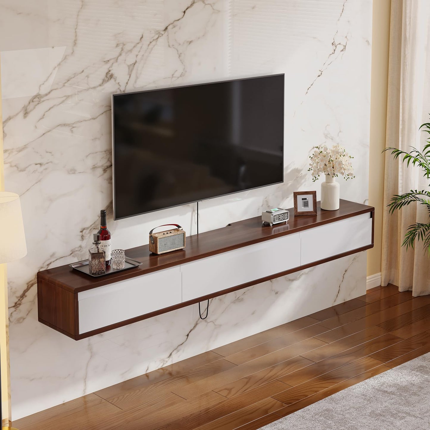 FurniNova Fully Assembled Floating TV Stand,High Gloss Wall Mount TV Console with 3 Doors, Under TV Shelf Entertainment Center for Living Room Bedroom,Walnut+White 47IN